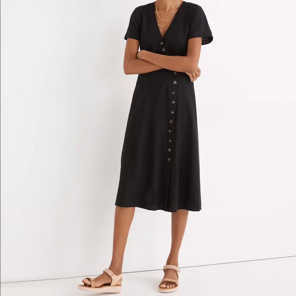 Madewell Linen-Blend Button-Wrap Midi Dress